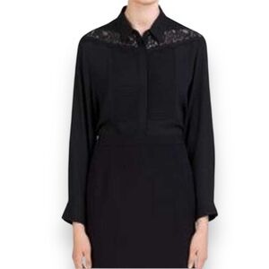 Gerard Darrel Pleated Lace Black Button Down Blouse Shirt Sz FR 40 /US 8